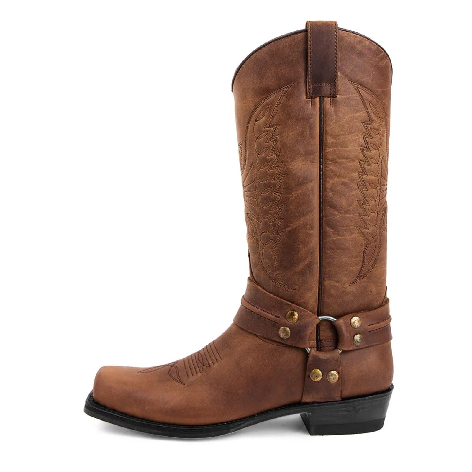 Stivali da cowboy western da uomo, stivali casual in pelle, stivali da cavaliere for uomo, stivaletti retrò ricamati a metà polpaccio, Botas Hombre