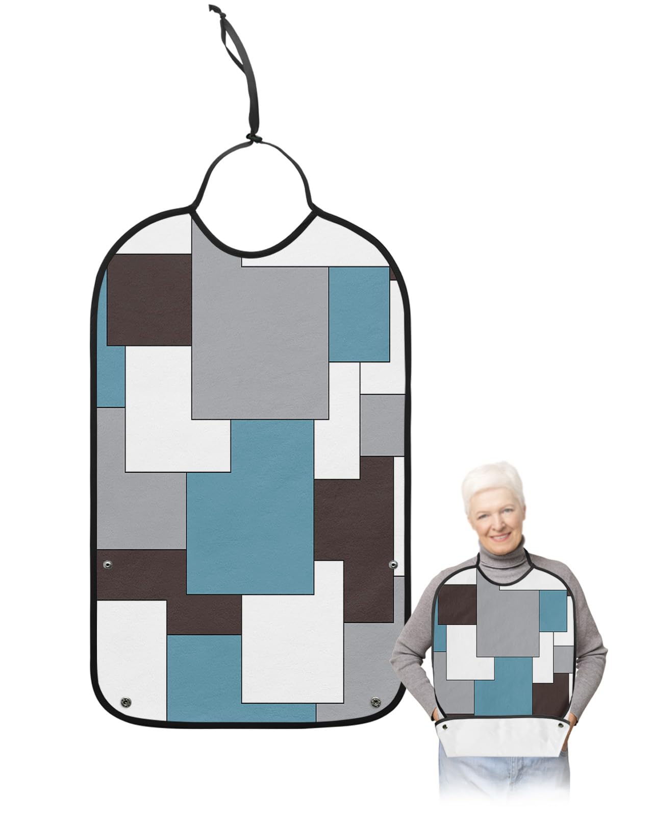 LEOKOTI Blue Grey Black Geometric Adult Bibs for Eating, Waterproof Bibs with Food Catcher & Adjustable Snap Closure, Middle Century Art Abstract Aesthetics Clothing Protectors Adult Bibs for Elderly