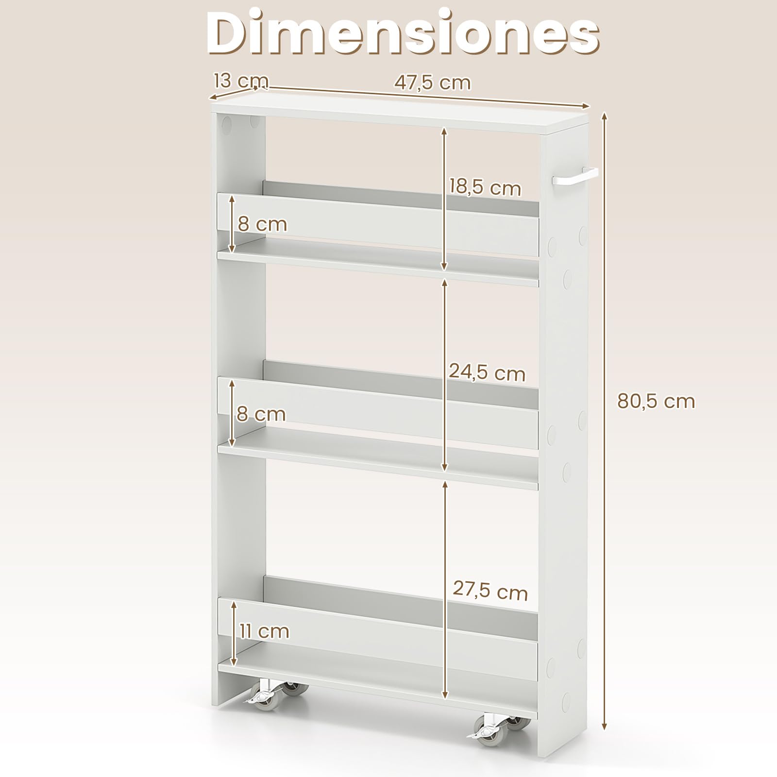 COSTWAY Carro de Almacenamiento Estrecho de 4 Niveles, Carrito Auxiliar con Ruedas, 4 Estantes, Barandillas Anticaídas y Asa, Ahorra Espacio, Carrito para Cocina, Baño, 47,5x13x80,5 cm, Blanco