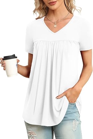 LAOLASI Womens Summer Tunic Tops 2026 V Neck Short Sleeve Shirt Casual Tee Flowy Blouse S-3XL