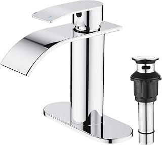 FORIOUS One Hole Chrome Bathroom Faucet with cUPC Supply Hose, Single Hole Waterfall Bathroom Faucet Single Handle, Stainless Steel Bathroom Sink Faucet with Overflow Drain Stopper, Polished Chrome