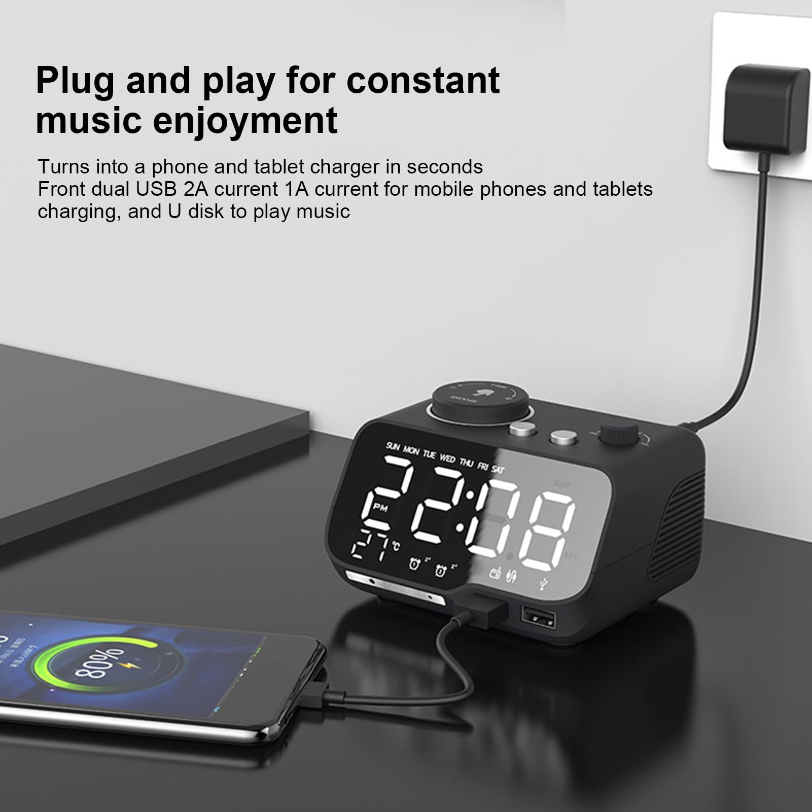 Reloj Despertador Digital con Altavoz Bluetooth 5.0, Radio FM, Alarmas Duales, Pantalla LED para Temperatura y Día Laborable, Brillo Ajustable, para Dormitorio Oficina (Enchufe de la UE)