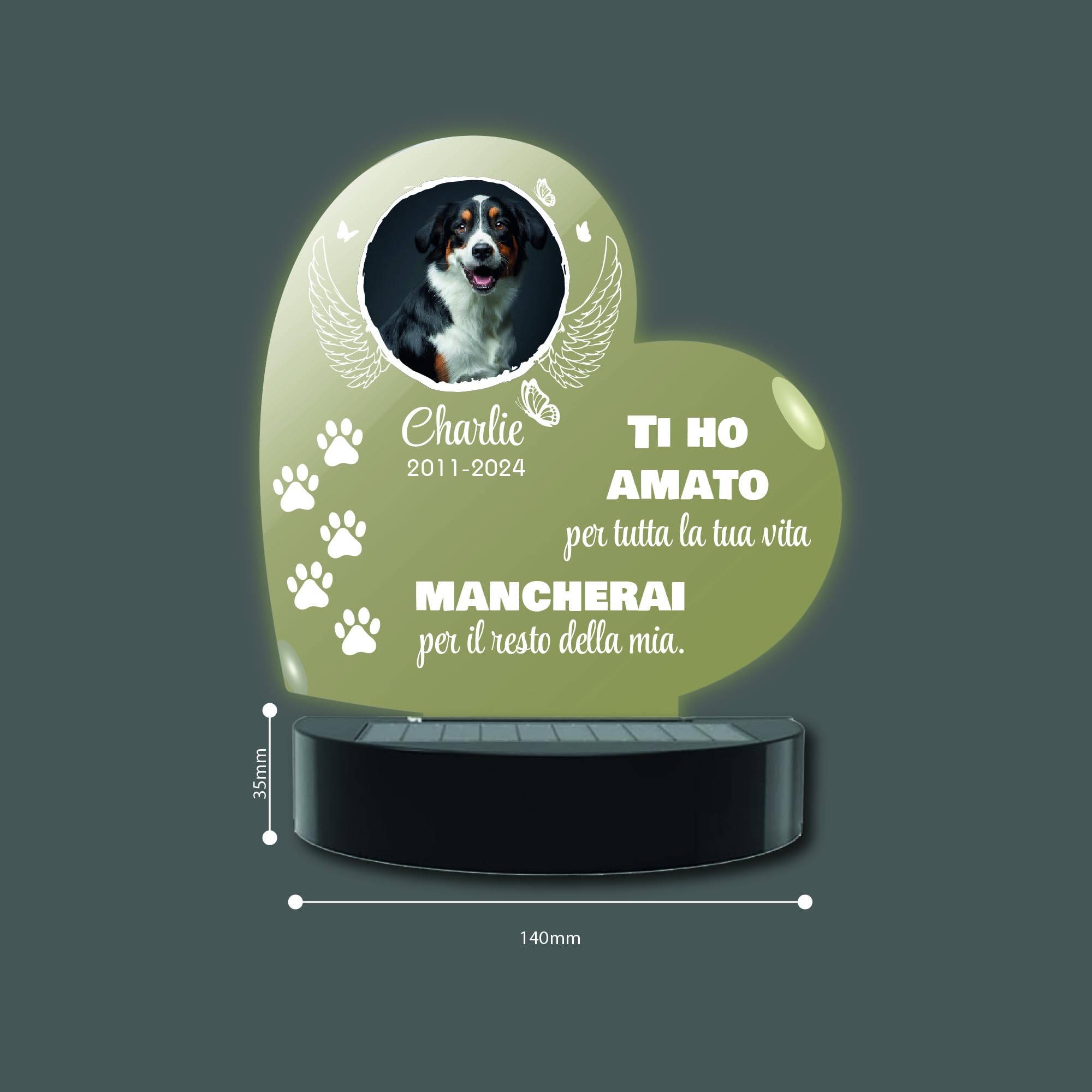 La Farfalla di Legno Lampada Commemorativa LED Solare per Cane e Gatto - Memoriale LED da Giardino Personalizzabile (Cuore)