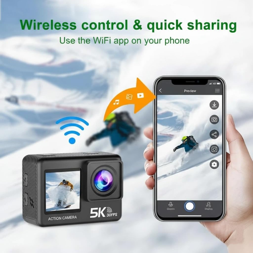 5K 50MP wasserdichte Action-Kamera mit EIS, WiFi und 170° Weitwinkel – Unterwasser-Kamera für Schnorcheln, Tauchen und Vlogging, kompakt und wiederaufladbar