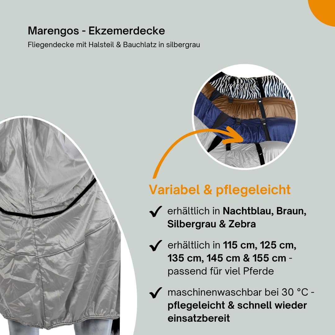 Marengos - Ekzemerdecke mit Halsteil & Bauchlatz – Fliegendecke aus feinmaschigem Gewebe – Schutz v. Insekten – doppelter Frontverschluss & Gehfalte – Pferdedecke in Silbergrau – 135cm