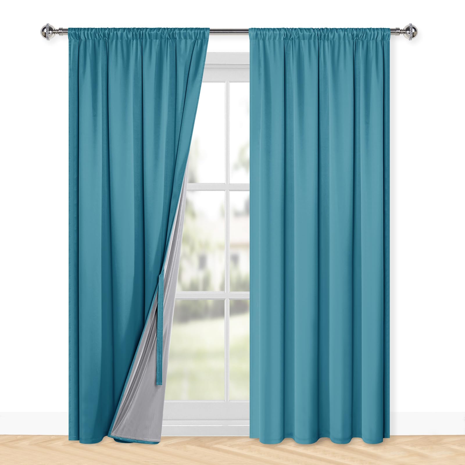 XWZO 100% Blickdichte Vorhänge Wohnzimmer, Vorhänge mit Kräuselband, Gardinen Schlafzimmer, Doppellagige Dicke Verdunklungsvorhänge Thermovorhang Kälteschutz, 220x140 cm(HxB) Tealblau 2er Set