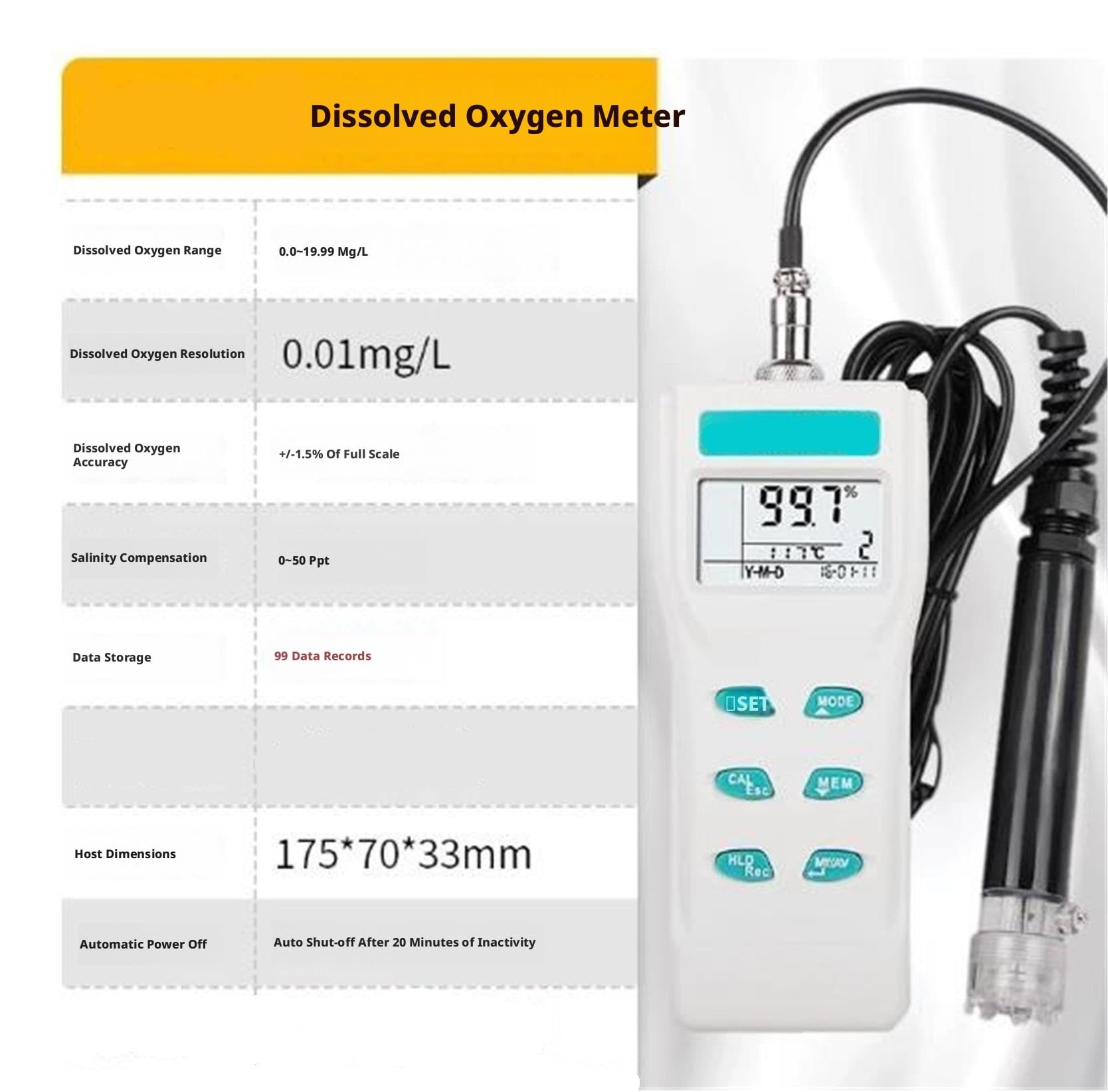 Détecteur portable d'oxygène dissous avec compensation de pression de 3,5 m