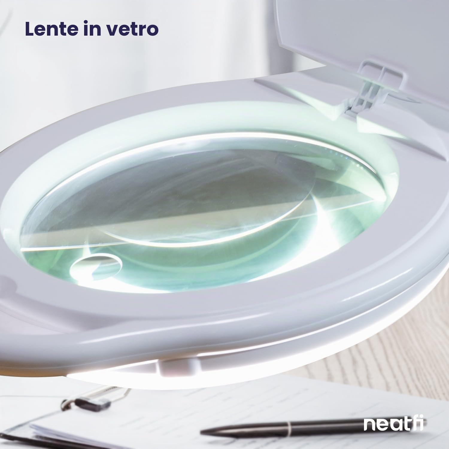Neatfi Elite XL LED Lampada ingrandente, 3 diottrie con 12 diottrie, dimmerabile, 3 modalità di luce (3000K/4000K/6500K), priva di abbagliamento, braccio regolabile (Bianco, 18 CM Lente in Vetro)