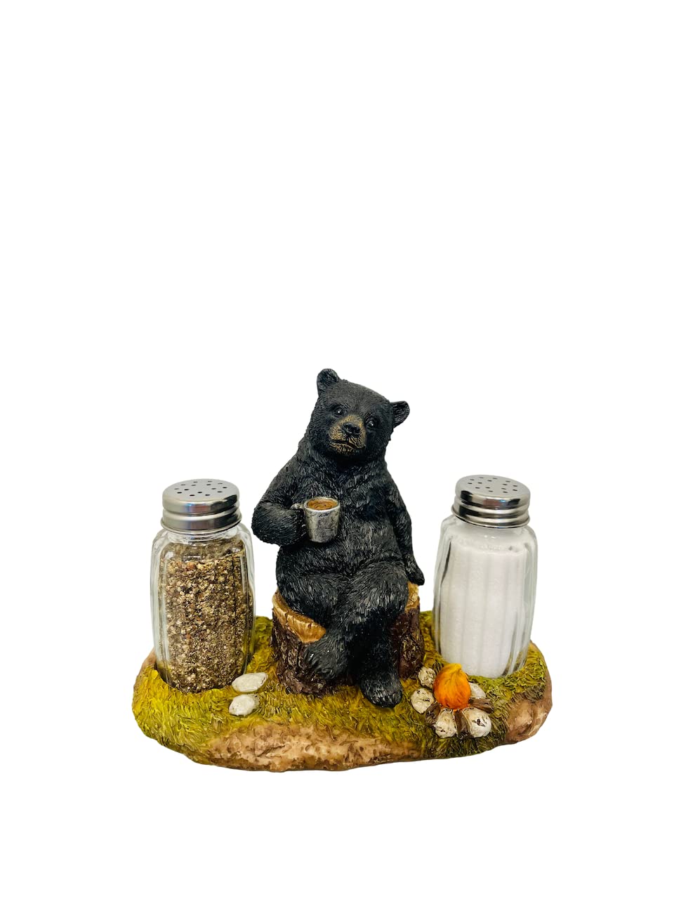 Pine Ridge Juego de salero y pimentero de oso de café, dos cocteleras de cristal, soporte para fogatas, organizador para especias y condimentos, para cocina, cabina, comedor o decoración de mesa