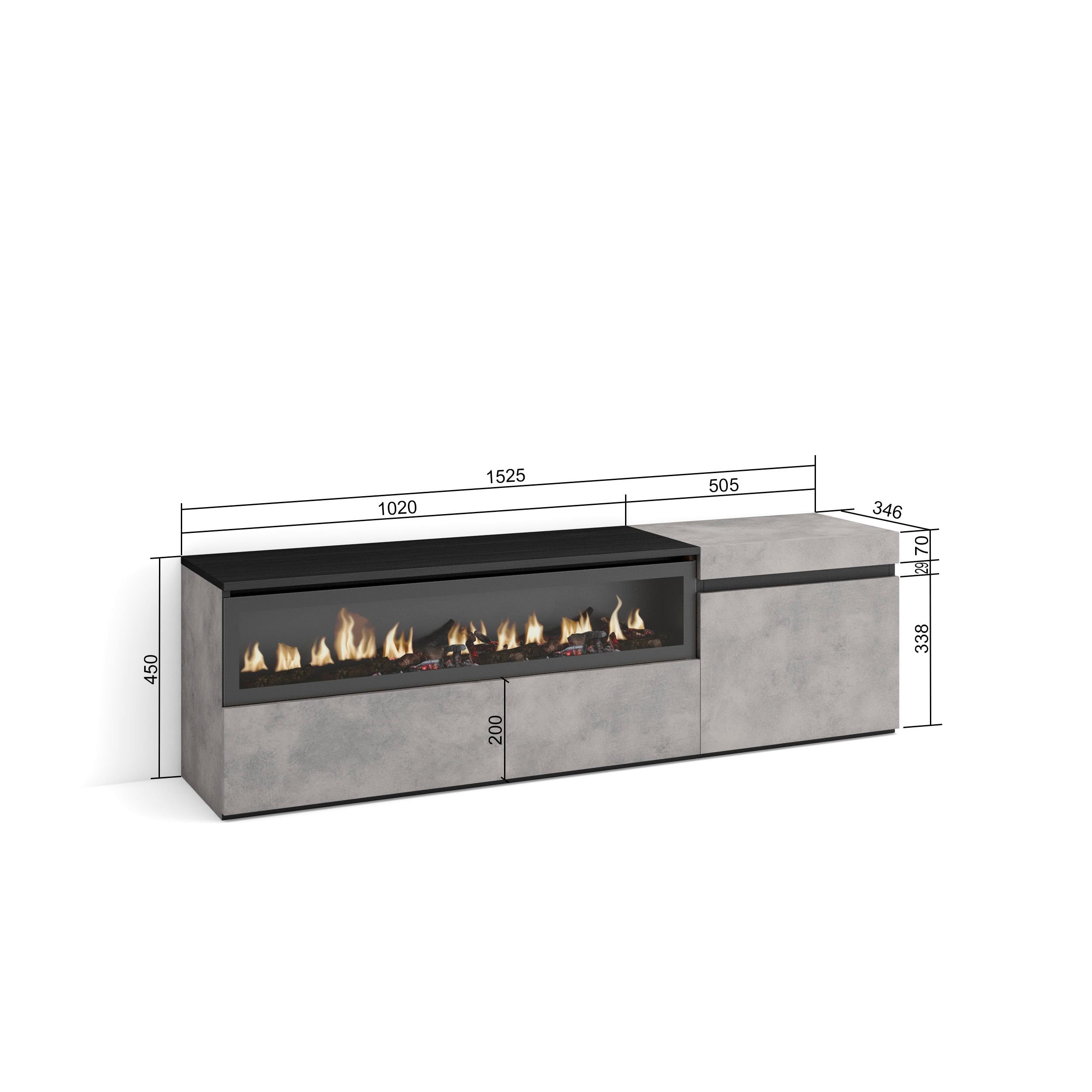 Skraut Home | Mobile TV Soggiorno | Ampio spazio a disposizione | 150x45x35cm | Per TV fino a 65" | Camino elettrico | Stile moderno | Cemento