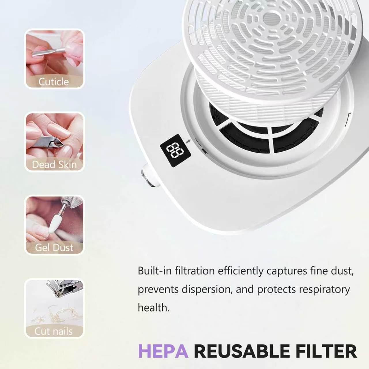 Aspiratore per Polvere Professionale per Unghie, Aspiratore con Ventola da 4500 Giri/min con Display LED e Filtro Riutilizzabile, Velocità Regolabile Compatto e Silenzioso per Salone di Bellezz black