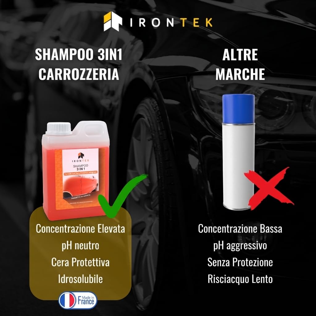 Shampoo Auto Carrozzeria 3 in 1 - IRONTEK - 1L | IT318 | Pulizia Sgrassante | Cera Protettiva Inclusa | pH Neutro Compatible Tutte le Vernici