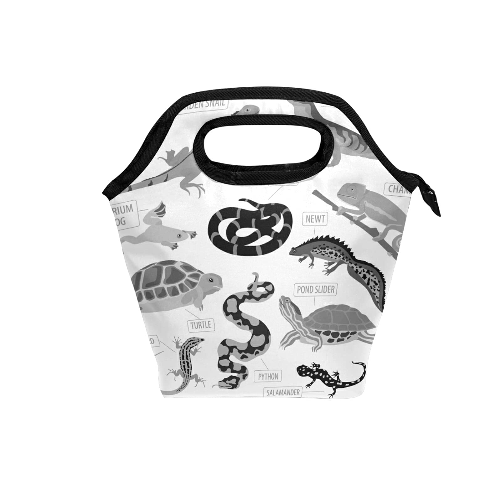 Black Grey Pet Reptiles Frog Iguana Lizard Snake Newt Turtle Lunch Tote Bag, Lunch Box Portable Handbagï¼ŒInsulated Cooler Thermal Reusable Bag for Picnic School Travel Work Office