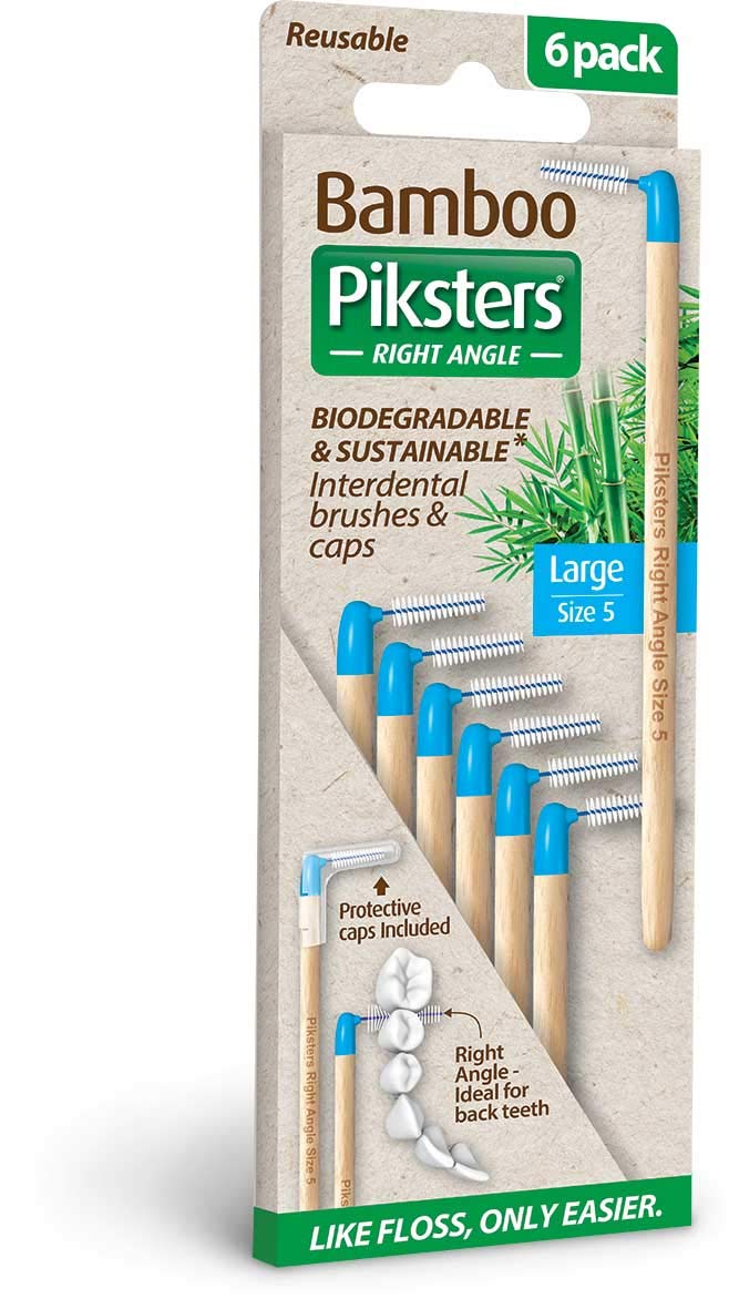 Bamboo Piksters Interdental Brushes | Sizes 00-5 | Right Angle Handle | 6 Pack (6 Pack, Size 5 Blue)
