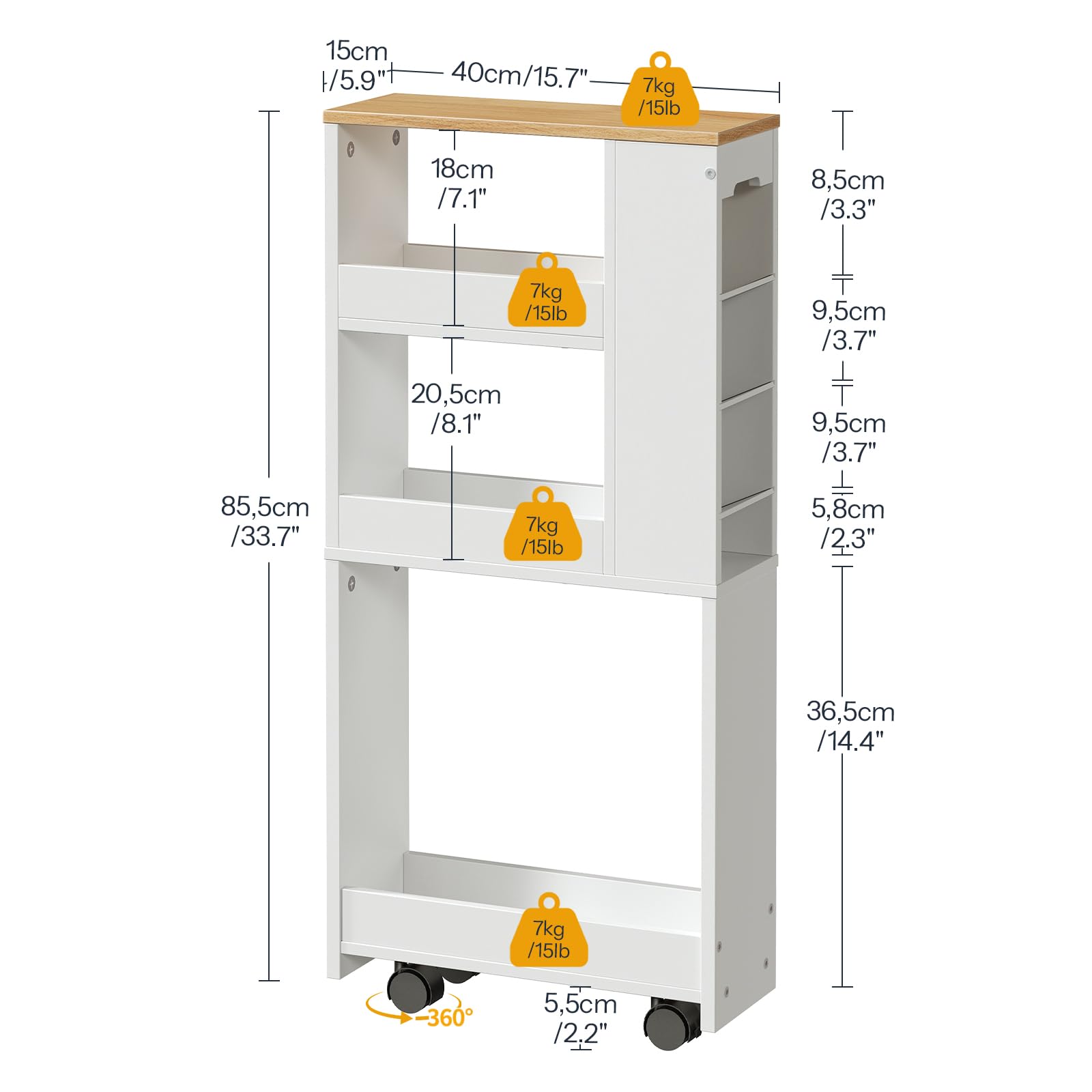 HOOBRO Carro Estrecho de 4 Niveles, 40 x 15 x 85,5 cm, con 4 Ruedas Giratorias Bloqueables, para Espacio Pequeño, Cocina, Baño, Sala de Estar, Blanco y Natural EWN84TC01