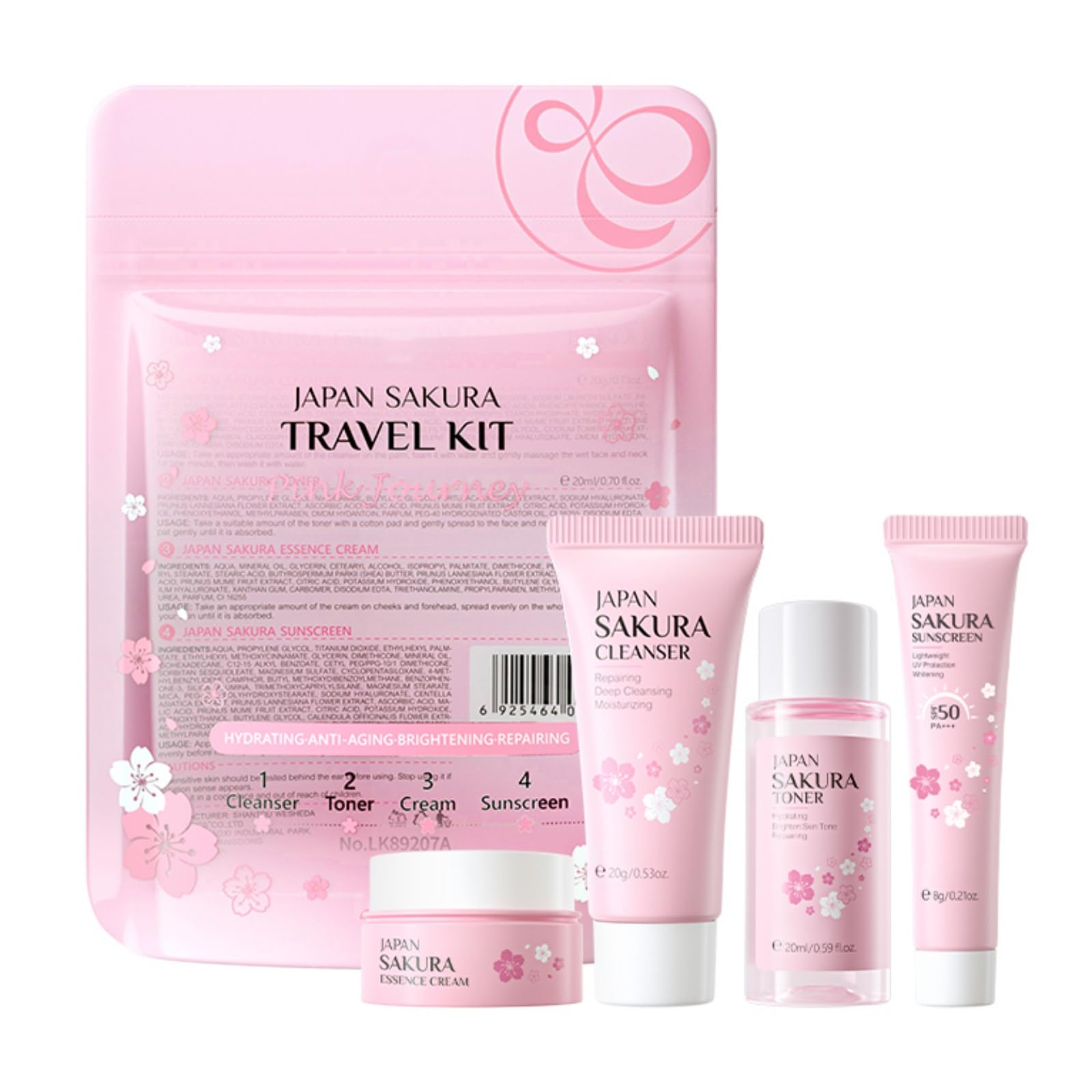Hotiary Sakura Travel Skincare Set for Teenage Girls, Face Routine Set for Women, Gentle Skin Cleaning & Care Travel Size Kit With Cleanser, Toner, sunscreen and Face Cream, Gift for Her