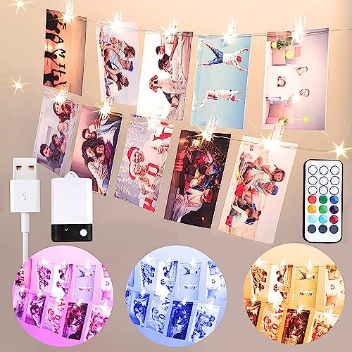 Colourful Photo Clips Fairy Lights for Room, USB & Battery 2 m 20 LED Fairy Lights with 20 Clips for Photos with Remote Control, 10 Colours Fairy Lights Picture Frame for Home, Mother Gifts