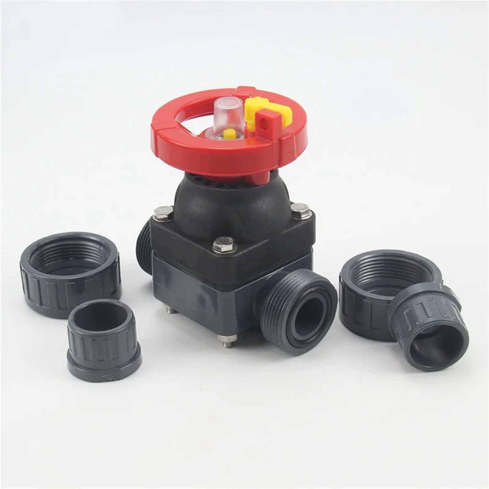 Válvula de diafragma Doble rotación, conexión en Vivo PVC, válvula Control Flujo, Interruptor plástico Resistente a la corrosión