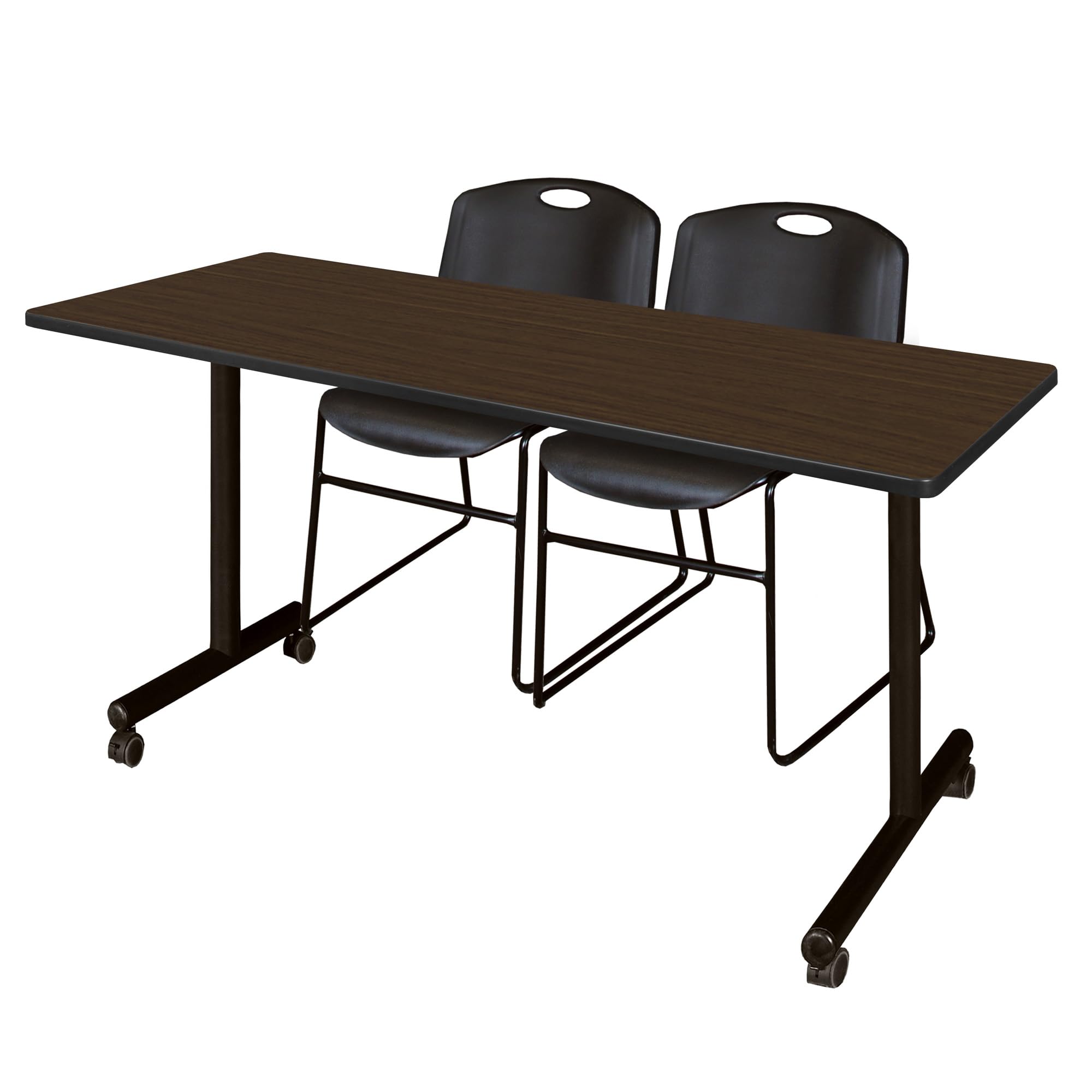 Regency Kobe 60 x 24 in. Mobile T-Base Training Table- Neo Walnut, 2 Zeng Stack Chairs- Black