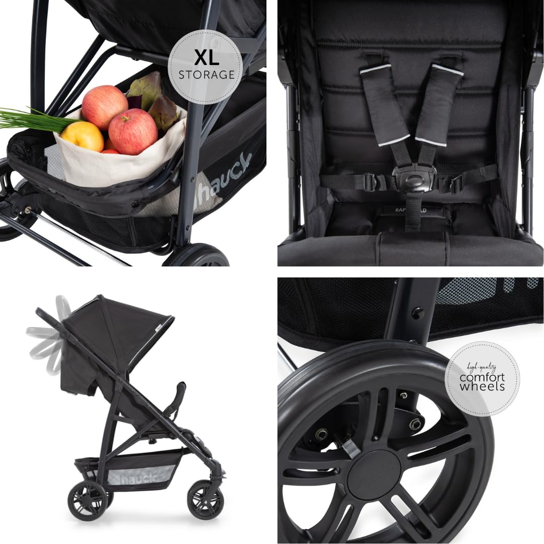 hauck Passeggino Compatto Rapid 4 Con Volante per Bambini e Pacchetto XXL (Zanzariera e Parapioggia) - Buggy Con Funzione Reclinabile, Leggero e Pieghevole - Caviar Nero