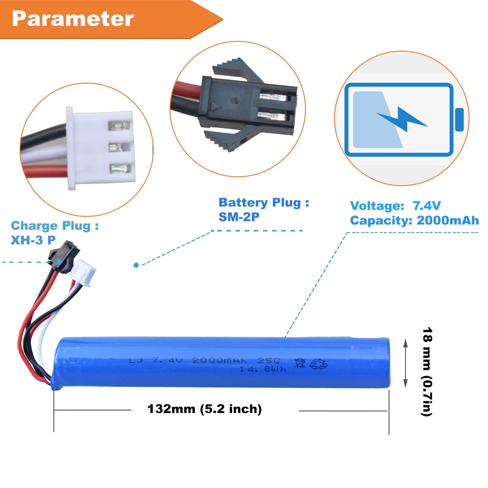 funkawa Water Bead Gel Ball Blaster 7.4V 2000mAh Rechargeable Battery with Charging Cable, Airsoft Gel Ball Blaster Battery Compatible with SRB400, SRB-400 SUB and SRB1200 (2-Pack)