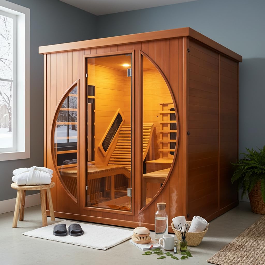iDOTODO Infrared Wooden Sauna Room with Recliner, 2 Person Infrared Home Sauna, 220V，3400W, 5 Heating Tubes, 4 Carbon Crystal Heating Panel, Bluetooth Speakers, 7 Color Light, Oxygen Bar
