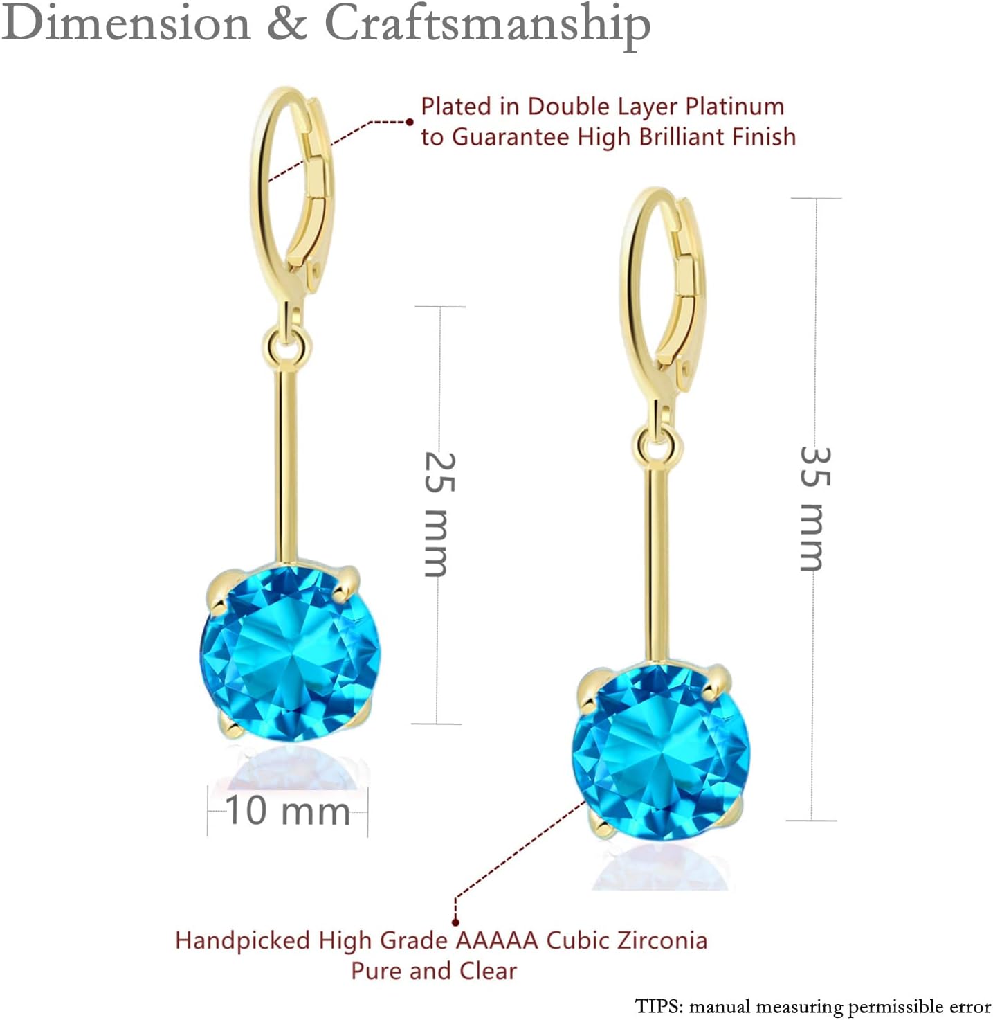 VONSSY Gemstone Drop Dangle Earrings | Platinum/Gold Plated Leverback Crystal Cubic Zirconia Hanging Red/Pink/Blue Earrings - Image 5