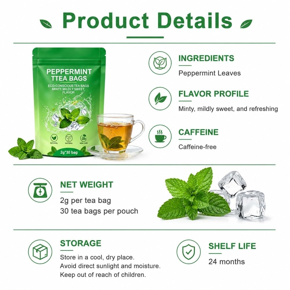 Bustine piramidali di tè disintossicante alle erbe biologiche alla menta | Tè all'alito fresco alla menta verde for una delicata cura digestiva(3pcs)
