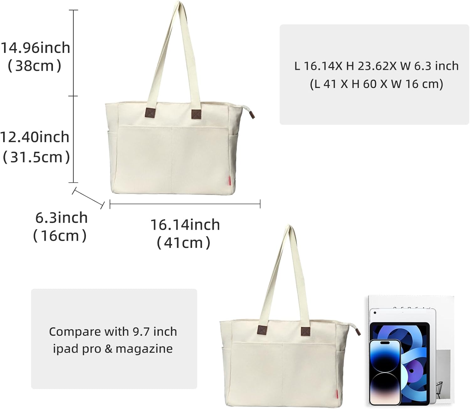 Canvas tote bag tote bag with compartment for commuting, suitable for work, sports,... - Image 4