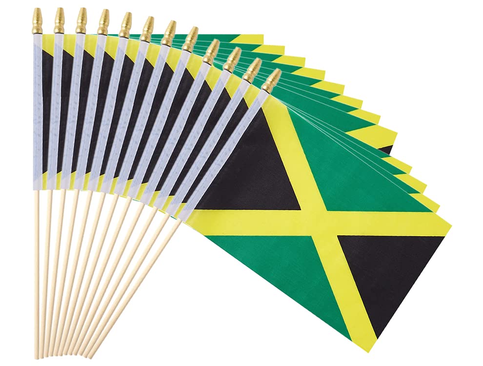 Ckexin 25Pack Small Jamaica Flag Handheld Mini Jamaican Flag on Stick 5x8 Inch