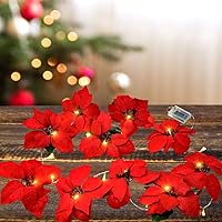 Vista 8 de Guirnalda iluminada de flor de pascua, 10 flores de Pascua rojas, luces LED, 60 pulgadas de largo, decoraciones navideñas iluminadas, guirnaldas