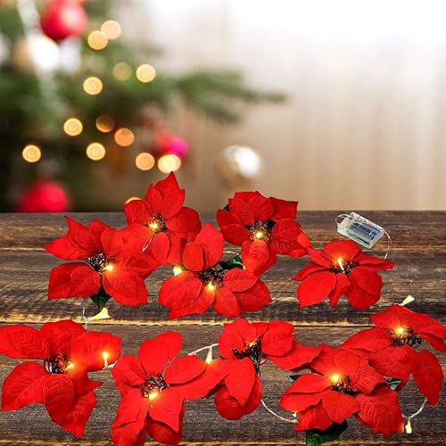 Miniatura 8 de Guirnalda iluminada de flores de Pascua con 10 flores de Pascua rojas y luces LED, 90 pulgadas de largo, decoraciones de Navidad, accesorios
