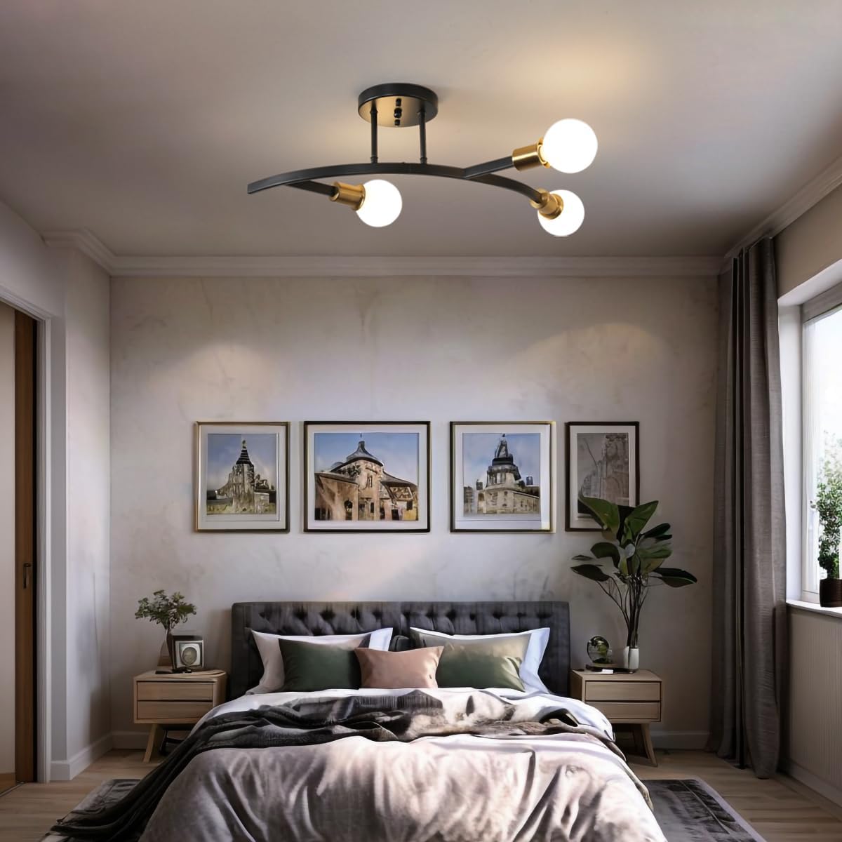 3-Lights Modern Sputnik Semi Flush Mount Ceiling Light Fixture Black and Gold,Mid Centur Minimalist sputnik Chandelier for Hallway,Dining Room,Bedroom,Kitchen,Living Room(Bulbs Not Included)