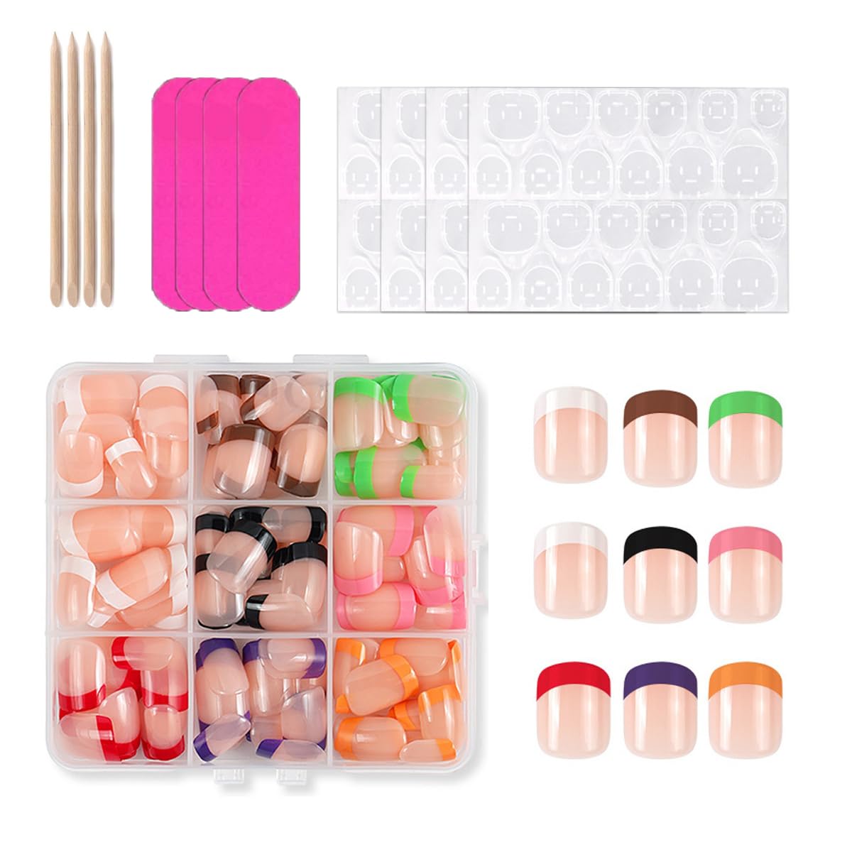 216Pcs French Tip Press On Nails Short Square Fake Nails 8 Color Nails Press Ons Set Colorful Glossy False Nails Reusable Acrylic Glue on Nail for Women Girl Nail Art Decoration