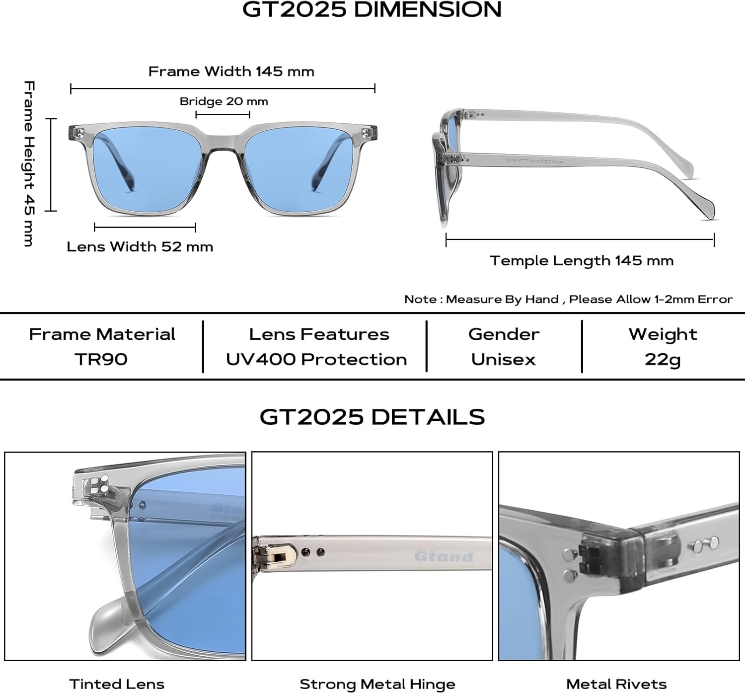 Gtand Unisex Vintage Retro Square Style Tinted Sunglasses For Men Women Fashion Rectangle Sun Glasses 52mm - Image 5