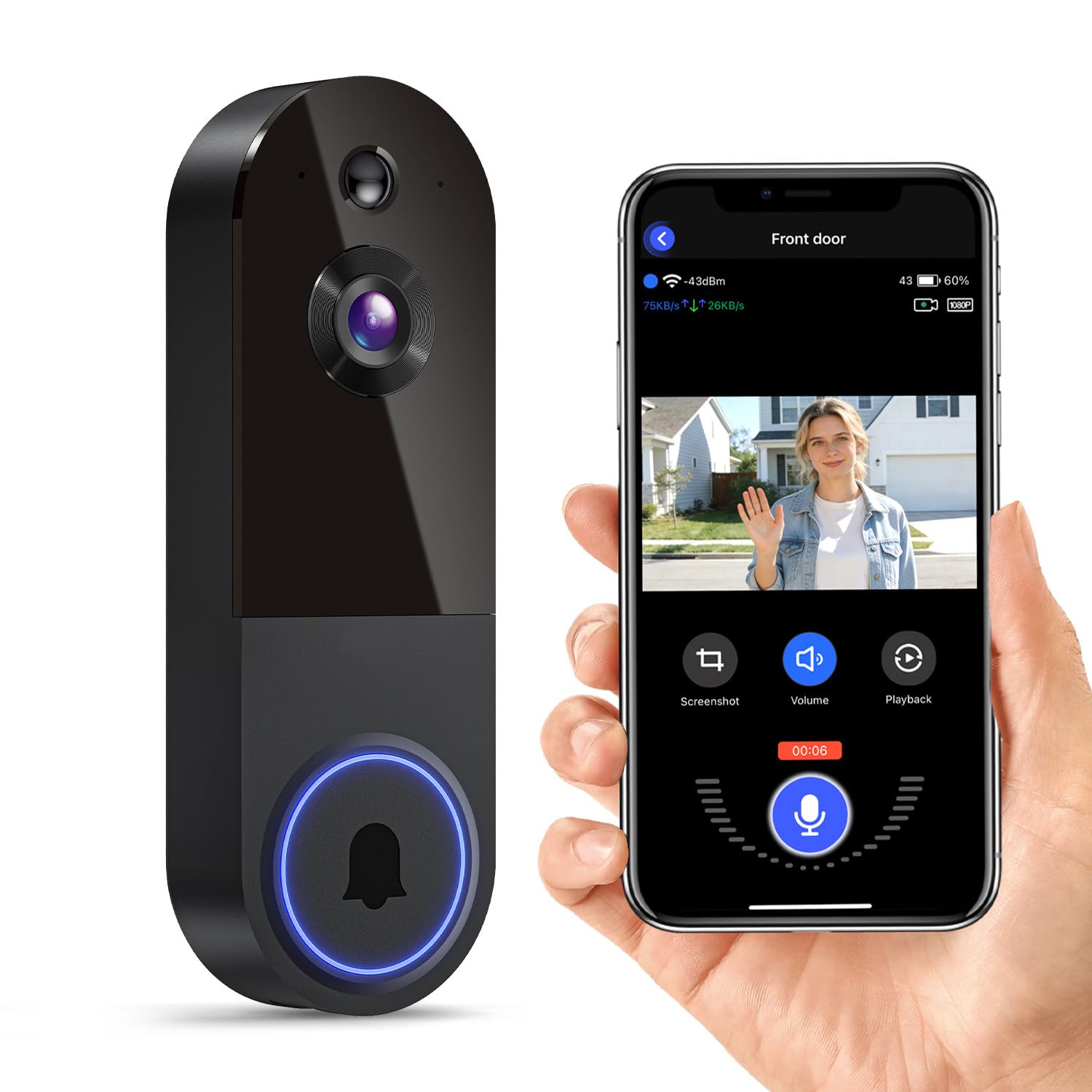 VanaOrbi 1080P Video Doorbell Camera Wireless with Indoor Receiver, Battery Powered, AI Human Motion Detection, 2 Way Talk, Night Vision, Cloud Storage for Visitors, Hallway, Front Door (Black)