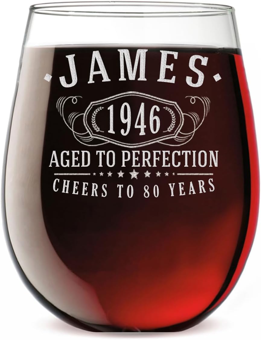 Personalized Vintage 80th Etched 17oz Stemless Wine Glass – Custom 1946 Happy 80th Birthday Gifts for Women Men, Cheers to Turning 80 Year Old, 80 Bday Party Favors, Gift Ideas Her 1.0