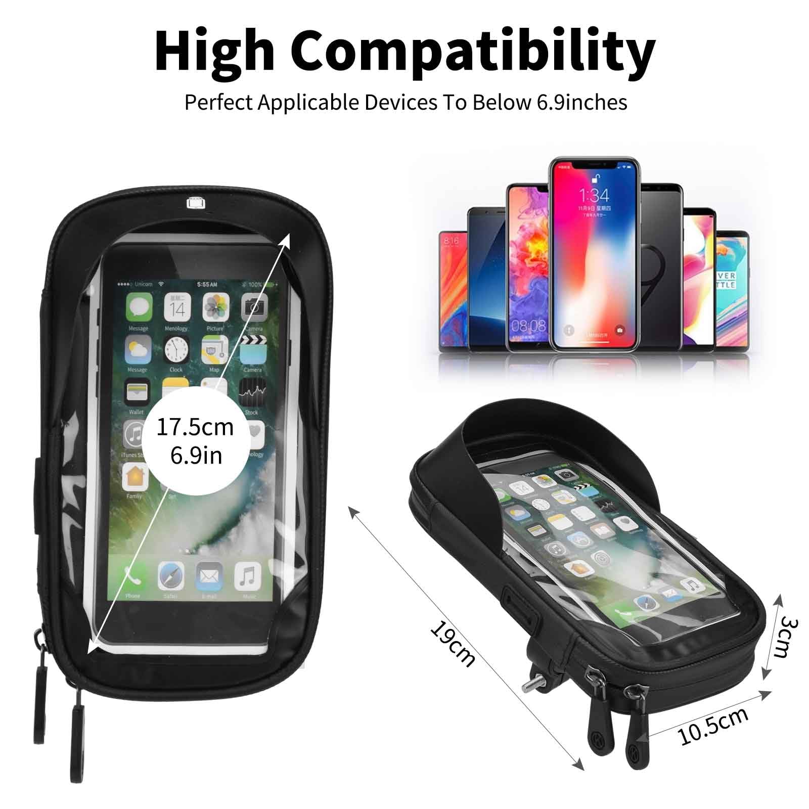 Soporte Impermeable Para Bicicleta Y Moto | Rotación 360°, Cremallera Doble, Visor Antirreflejos, Almacenamiento Extra, Compatible Con Móviles 4.5 A 6.4 Pulgadas, Color Negro