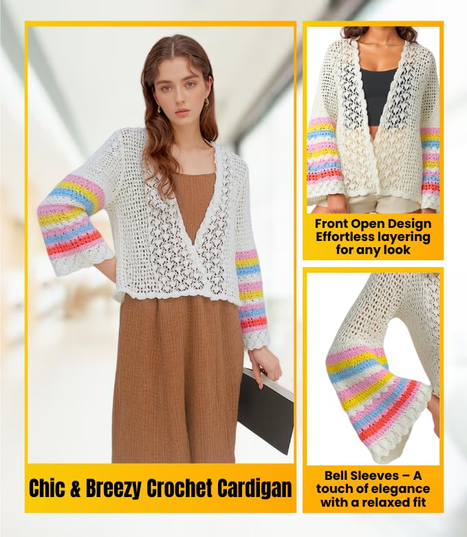Bell Sleeve Crochet Cardigan for Women White | Lightweight Pointelle Knit Open Front Summer Cardigans | XL Size3