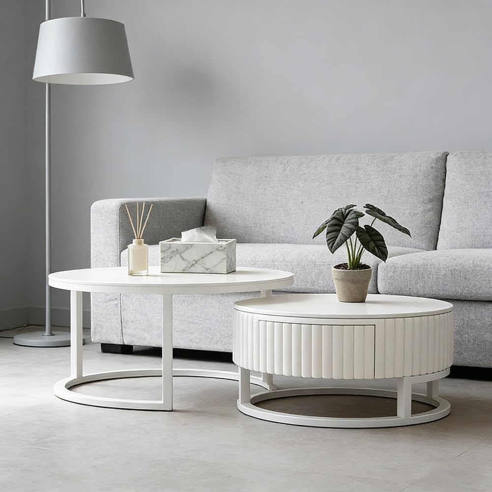 Modern Weiss Rund Couchtisch 2er Set Satztische Hochglanz Marmor 50+70cm Nested Beistelltisch Kaffeetisch Für Wohnzimmer, Balkon Und Büro, Stabiler Metallrahmen + Komplette Installation