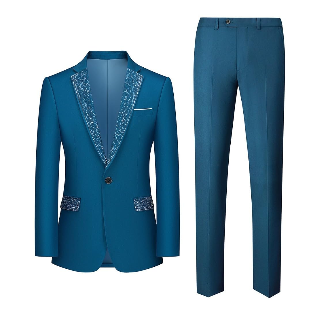 Uomo Strass Risvolto Smoking Giacca & Pantaloni 2 Pezzi Abito Set Slim Fit Elegante Matrimonio Festa Cerimonia Blazer Pantaloni