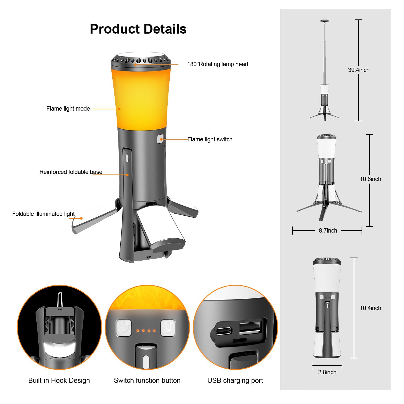 Lanterne de camping rechargeable, lampes de camping avec mode flamme, trépied lumineux extensible, lumières à piles avec piles de 12 000 mAh, lanternes portables d'extérieur pour urgence, pannes,