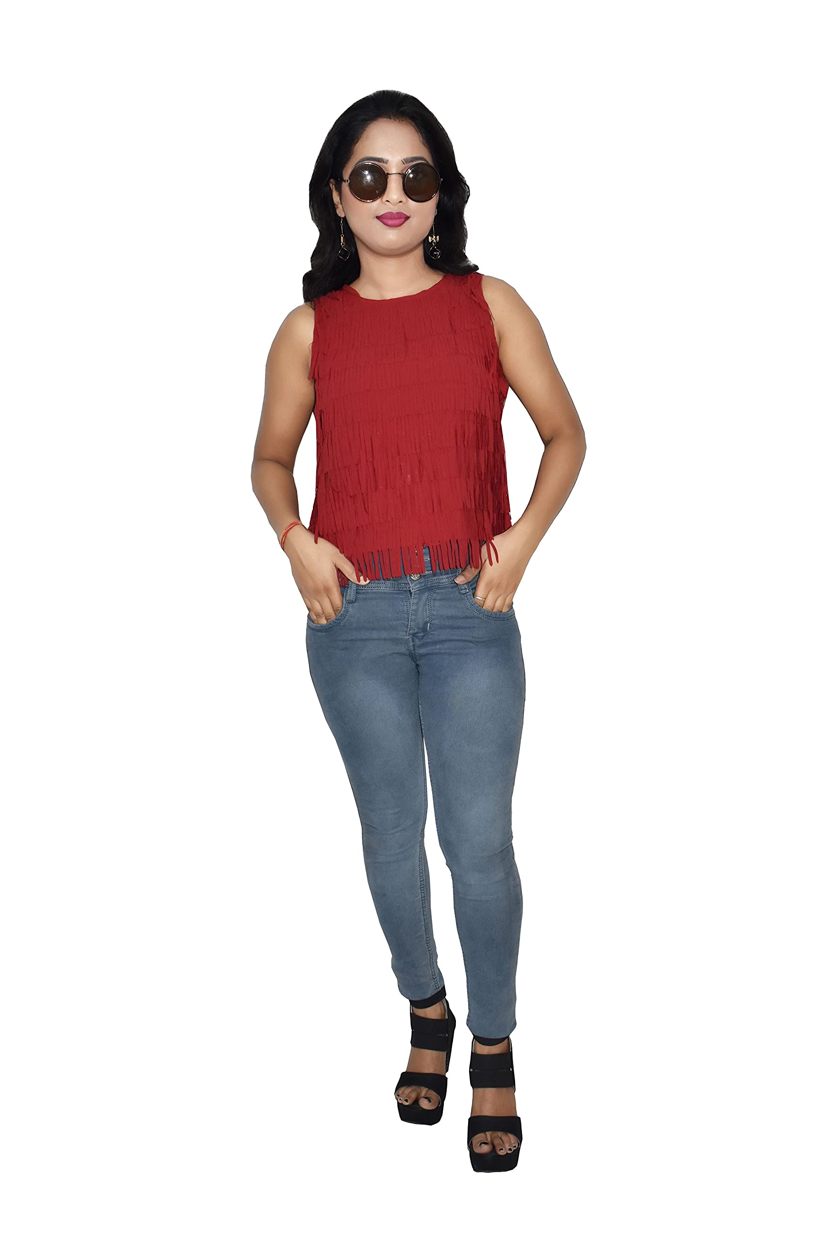 desi touch Women's Georgette Lasercut Top (Pack of 1) (Red) (S)-picture-53