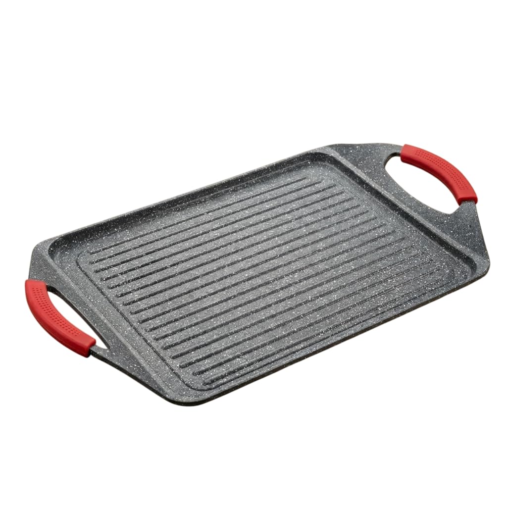 Plancia Bistecchiera Rettangolare Grandi Cotture - Pietra Stone Antiaderente - Manici Silicone Removibili - Induzione [36cm / 47cm] (47 cm)