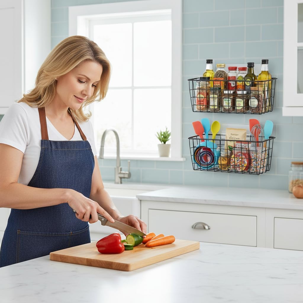 2 Set Adhesive Hanging Wall Basket Inside Cabinet Door Organizer,Wall Storage Basket-No Drilling Adhesive wall Basket for Cupboard Door,Space-Saving Small Hanging Baskets for Wall Mount Storage,Black - Image 5