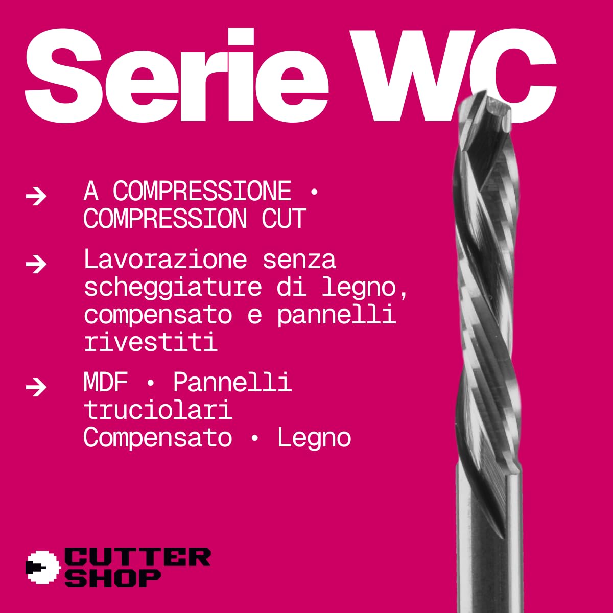Fresa a compressione CNC per legno e materiali legnosi – fresa elicoidale anti-strappo, MDF, truciolare, compensato, HRC65 | Serie WC – D6.0x6.0xL32/75