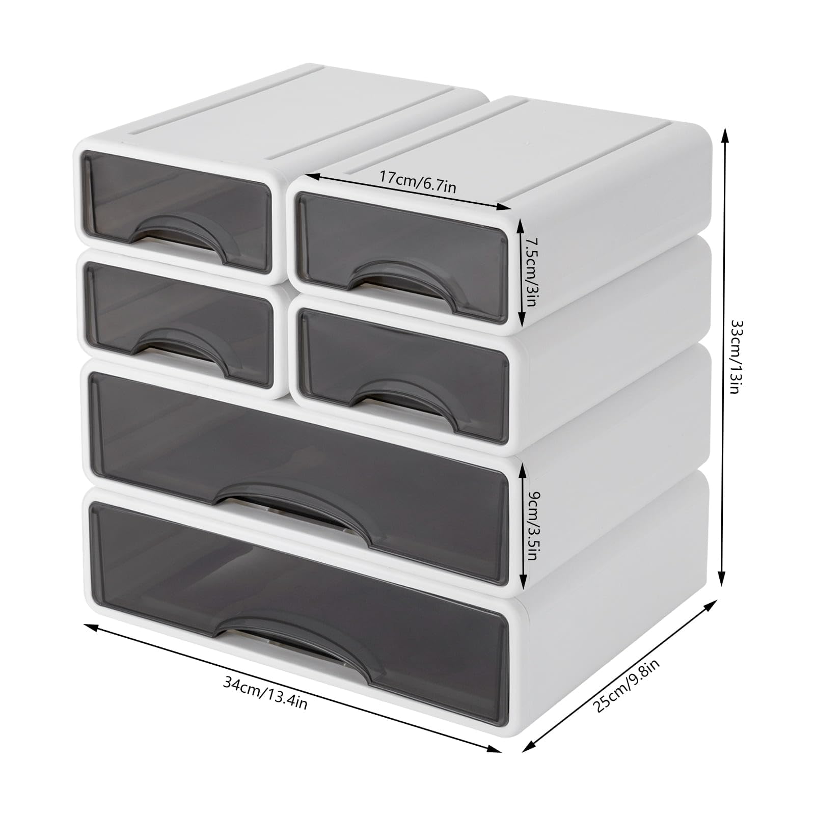 Lot de 6 Organiseurs de bureau en plastique avec tiroirs, Boîtes de Rangement Empilable à Volonté, 25P x 34L x 33H cm, Pour Documents, Fournitures de bureau, Clés, Crayons (Blanc)
