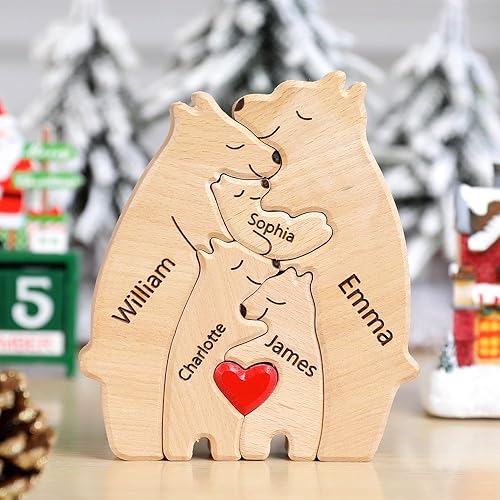 Miniatura 2 de Rompecabezas de oso de madera personalizado con nombre de familia de 1 a 8, escultura de nombre de familia, ideal para Navidad, cumpleaños,