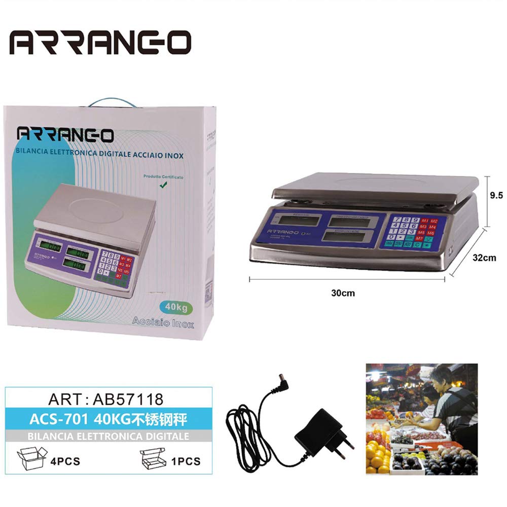 Bilancia Elettronica Digitale Professionale – Max 40 Kg, Min 5 G, Display Retroilluminato, Alimentazione 220V O Batteria Ricaricabile, Acciaio Inox, Tasti Di Memoria E Prezzo Al Chilo