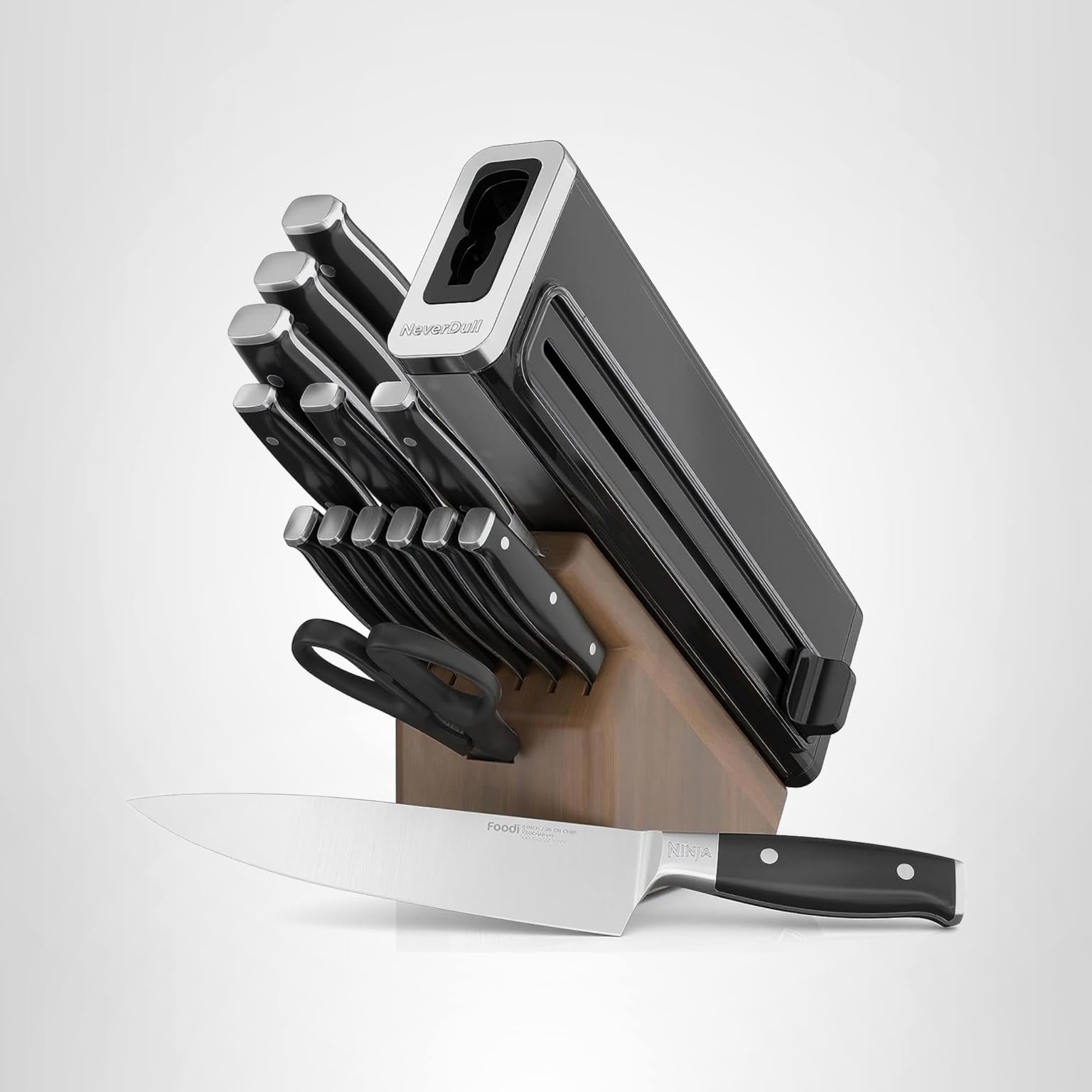Ninja K32017 Foodi NeverDull Premium Knife System, 17 Piece Knife Block Set with Built-in Sharpener, German Stainless Steel Knives, Black: 15pc Set - Wood Walnut Block